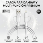 Cable cargador 4 en 1 con conectores USB y Lightning, acabado trenzado blanco resistente, diseñado para carga rápida de 60W y transmisión de datos.