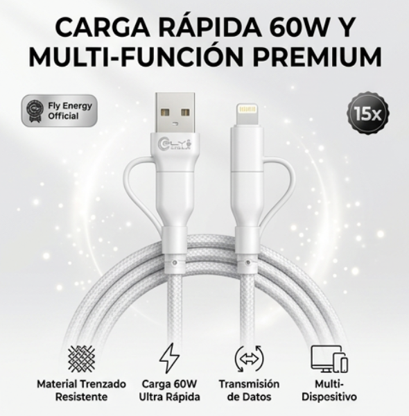 Cable cargador 4 en 1 con conectores USB y Lightning, acabado trenzado blanco resistente, diseñado para carga rápida de 60W y transmisión de datos.