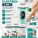 Depiladora eléctrica verde menta VGR 3 en 1 con pantalla digital, resistente al agua y tres cabezales intercambiables para depilar, afeitar y exfoliar.