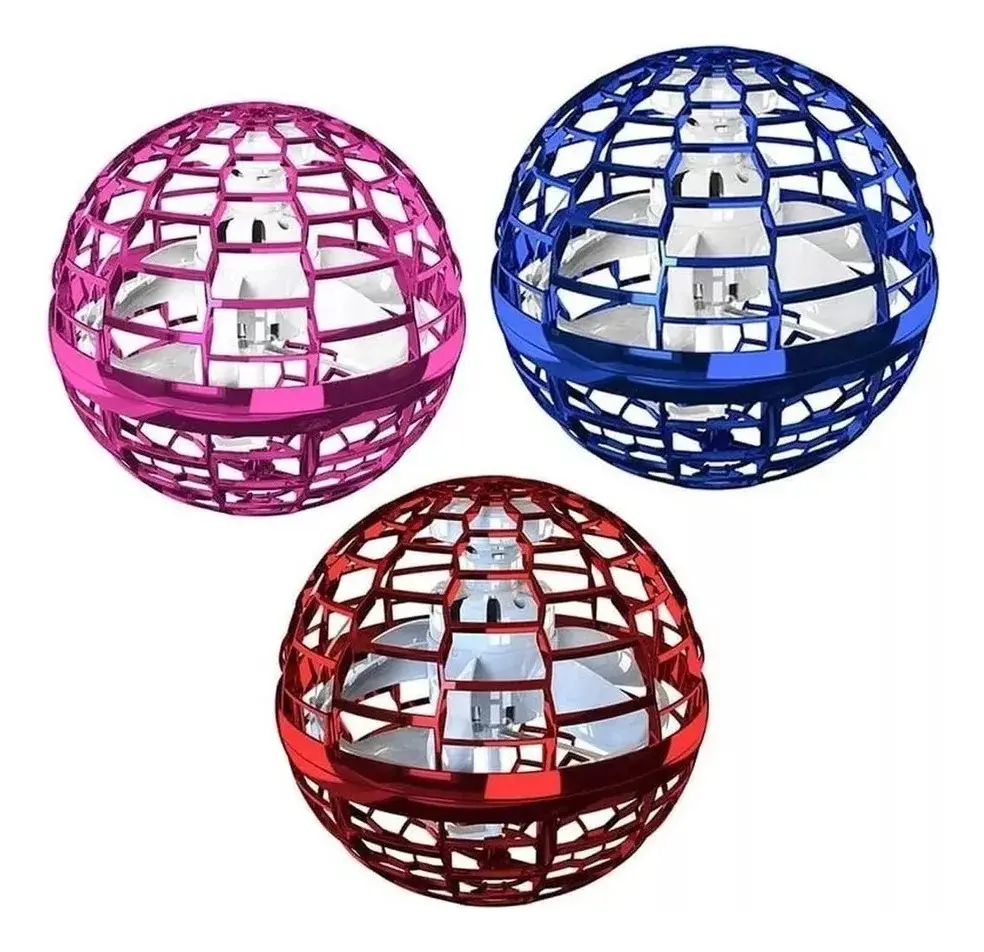 Tres esferas voladoras con estructura de rejilla en colores rosa, azul y rojo, con hélices blancas visibles en su interior.