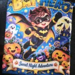 Bolsa infantil azul de tela con cordón para Halloween, diseño colorido de superhéroe murciélago, calabazas y texto "Sweet Night Adventure".