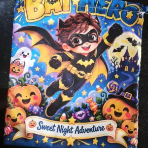 Bolsa infantil azul de tela con cordón para Halloween, diseño colorido de superhéroe murciélago, calabazas y texto "Sweet Night Adventure".