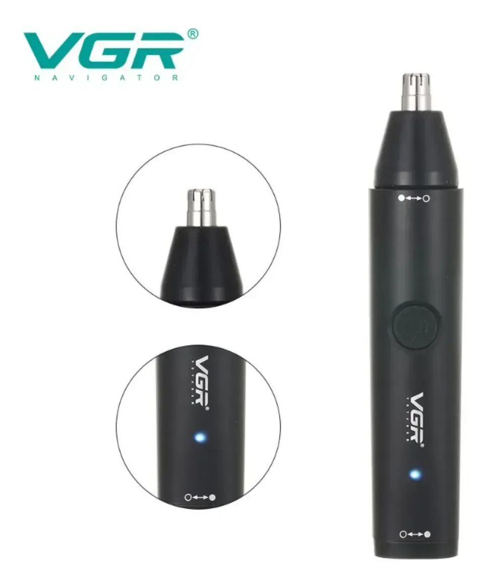 Recortador de vello nasal negro inalámbrico con cabezal de cuchillas metálicas en primer plano y detalle de indicador LED azul.