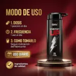 Caramañola negra GMN Energy Up de 25 porciones sobre base circular dorada, con instrucciones de uso diario y calidad destacada en fondo rojo.