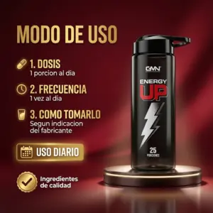 Caramañola negra GMN Energy Up de 25 porciones sobre base circular dorada, con instrucciones de uso diario y calidad destacada en fondo rojo.