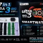 Smartwatch DS7 Ultra 3 con pantalla de 2.01 pulgadas, caja dorada y siete correas intercambiables en colores variados, cargador magnético y estuche organizador.