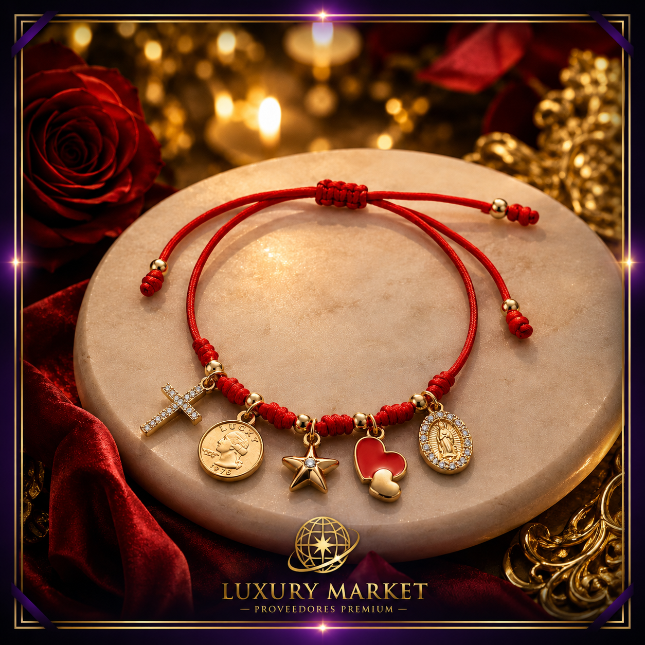 Pulsera roja tejida de acero inoxidable con cinco dijes: cruz con circones, moneda dorada, estrella, corazones rojos y medalla ovalada con brillo.