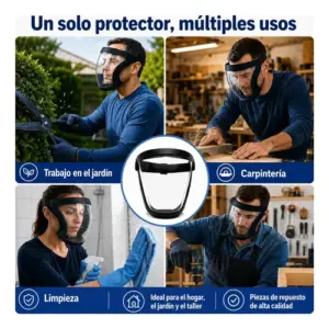 Careta protectora facial de policarbonato negra para protección contra impactos y polvo en jardinería, carpintería, limpieza y trabajos de taller.