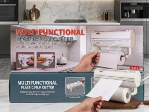 Porta rollos de cocina de pared adhesivo triple para film y aluminio - Organiza tu espacio y corta con precisión sin perforar