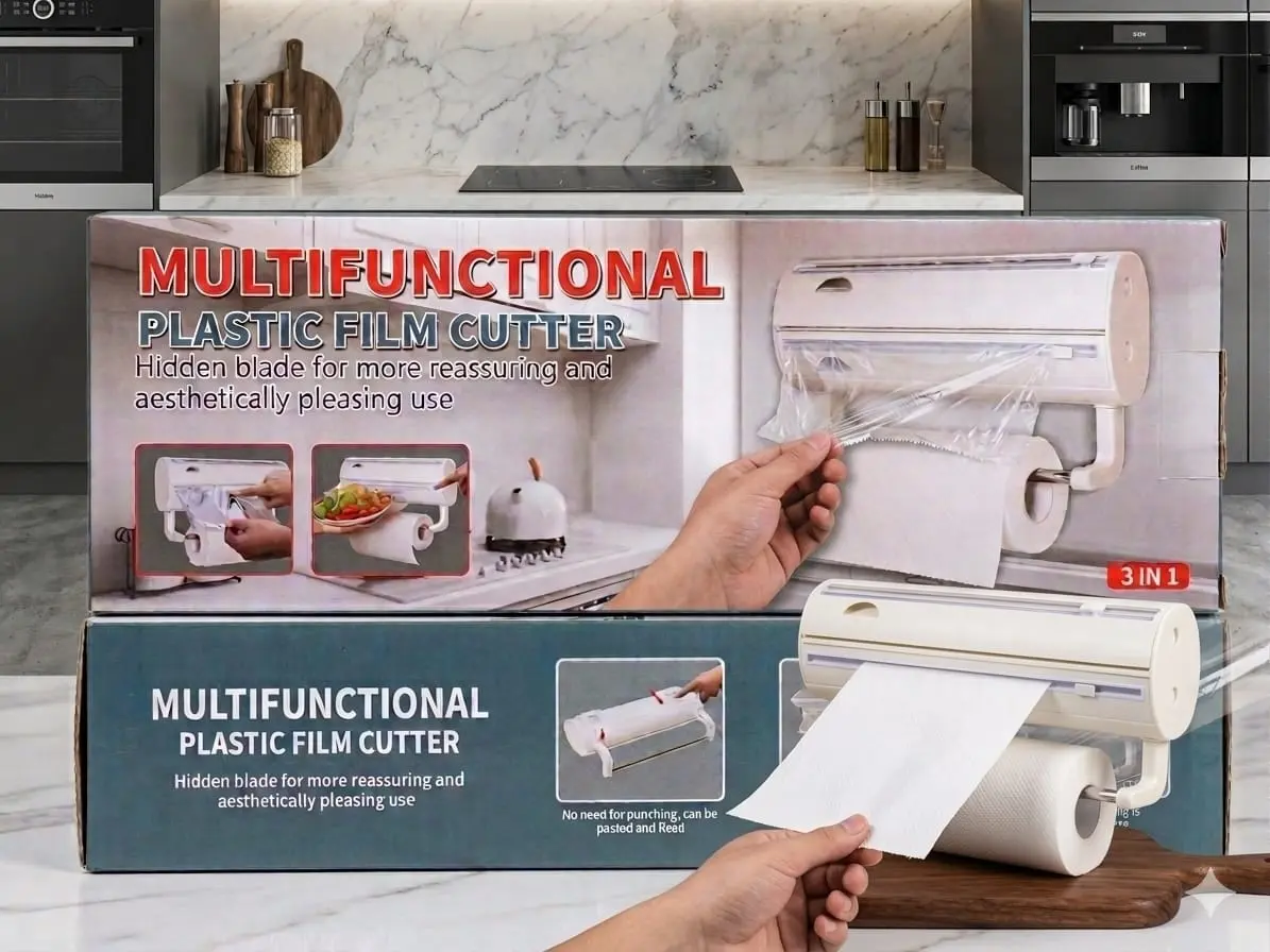 Porta rollos de cocina de pared adhesivo triple para film y aluminio - Organiza tu espacio y corta con precisión sin perforar