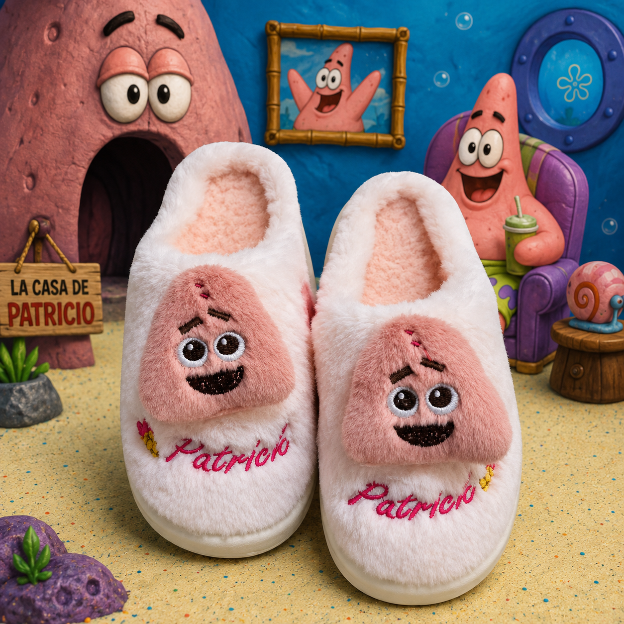 Pantuflas de estar por casa blancas y rosadas con relieve de Patricio Estrella y texto bordado, sobre arena y fondo animado.