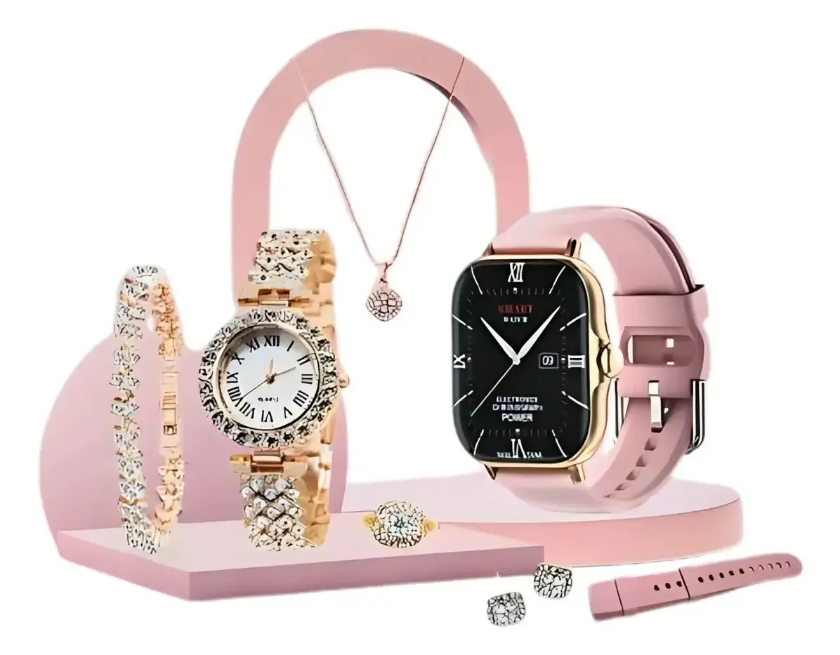 Set femenino rosa con smartwatch, reloj de cuarzo dorado con cristales, collar, pulsera, anillo, aretes y correa de repuesto.