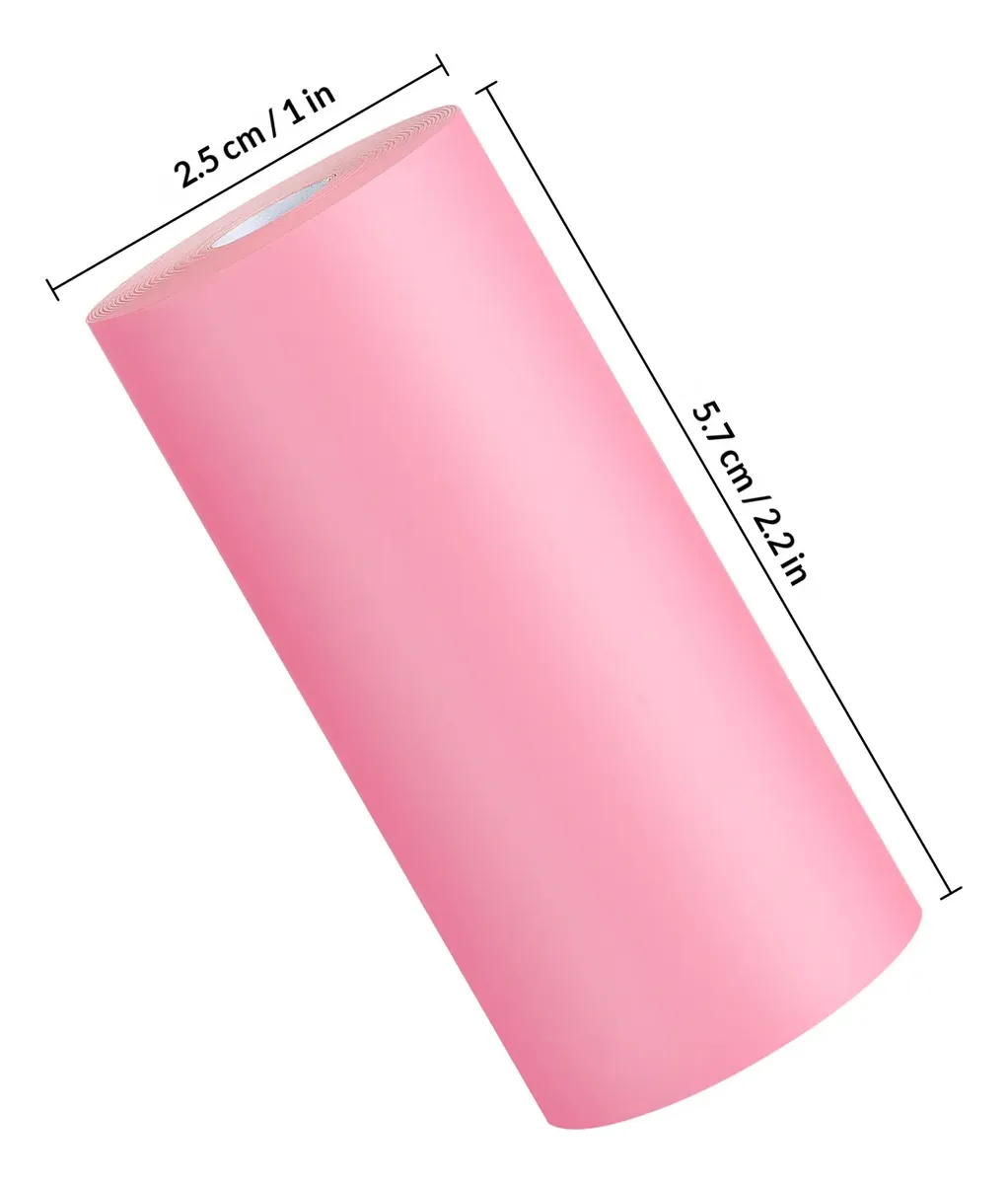Rollo de papel térmico adhesivo color rosado de 5.7 cm de largo por 2.5 cm de diámetro para impresora portátil.