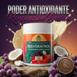 Frasco de 550 g de suplemento de resveratrol y colágeno hidrolizado sabor uva, rodeado de cocos y uvas frescas.