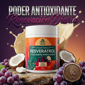 Frasco de 550 g de suplemento de resveratrol y colágeno hidrolizado sabor uva, rodeado de cocos y uvas frescas.