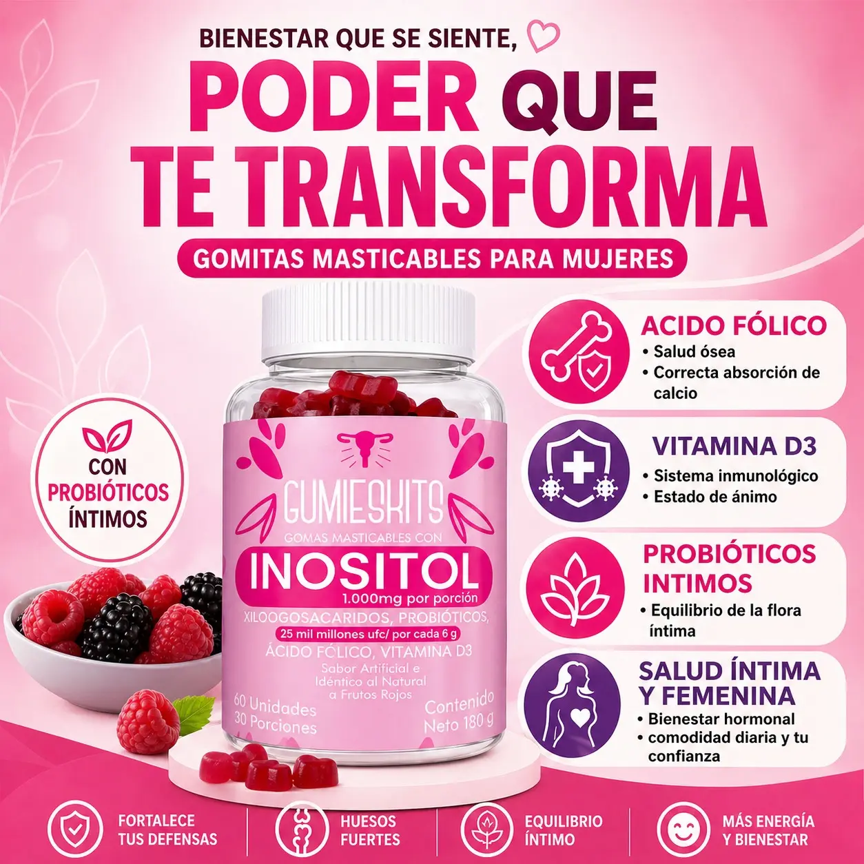 Gomitas masticables de inositol para mujeres, bote transparente de 60 unidades, acompañado de frutos rojos y sellos de beneficios en fondo rosa.