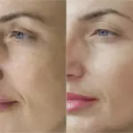 Comparativa de antes y después en el contorno de ojos: piel con líneas de expresión frente a piel visiblemente más lisa, tersa e hidratada.