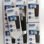 Seis cajas de depilador nasal Hengda modelo HD-002 en negro y plateado, con un aparato fuera de su empaque mostrando el cabezal de corte metálico.