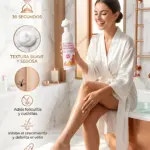 Mujer sonriente en bata blanca aplica espuma depilatoria en su pierna sentada en un baño de lujo junto a una tina de cobre