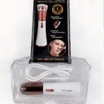 Depiladora facial blanca con cabezal rosa metalizado, cable USB en caja plástica transparente y empaque negro con especificaciones.