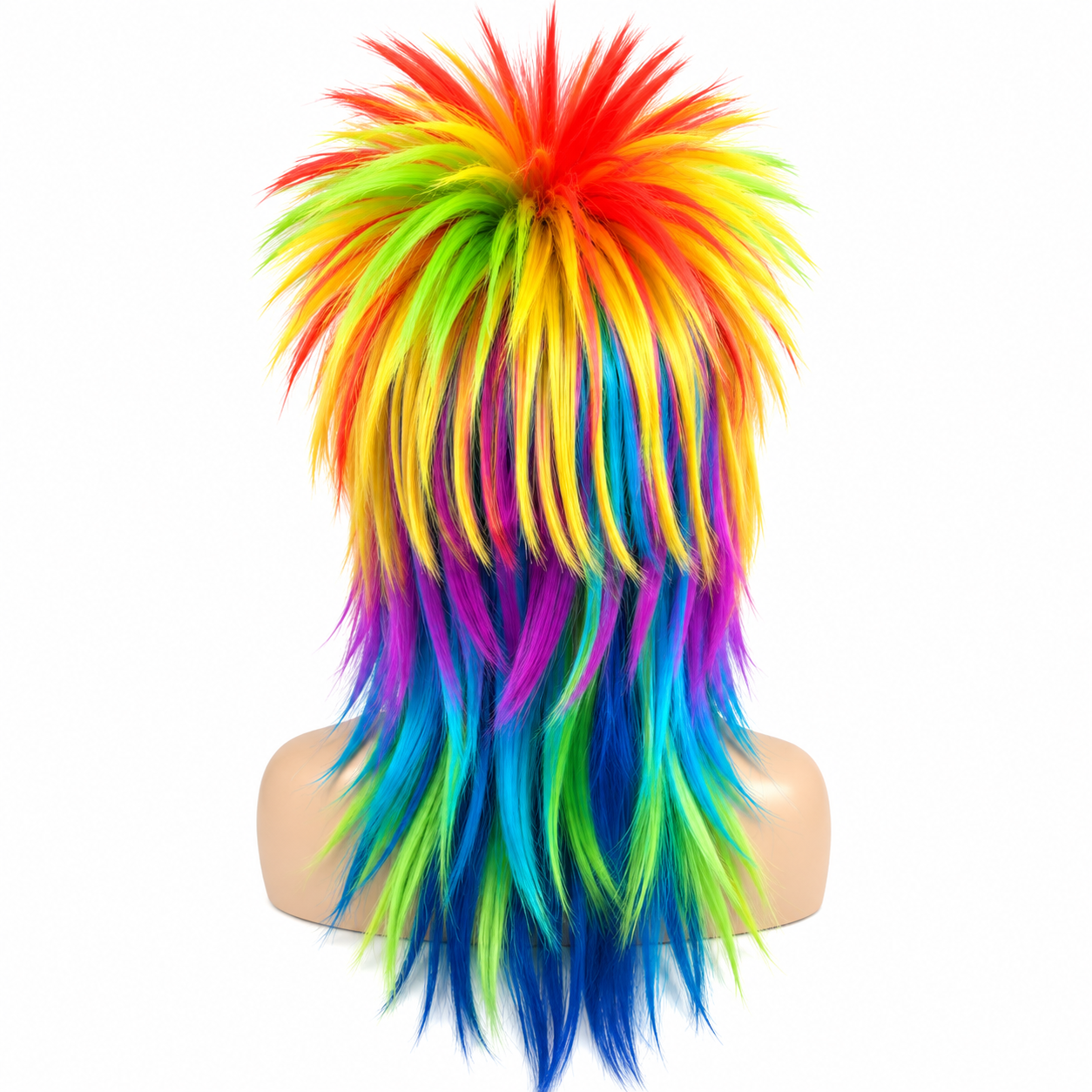 Peluca multicolor larga de fantasía para cosplay, con capas de cabello sintético en tonos vibrantes rojo, amarillo, verde, azul y morado, vista trasera.