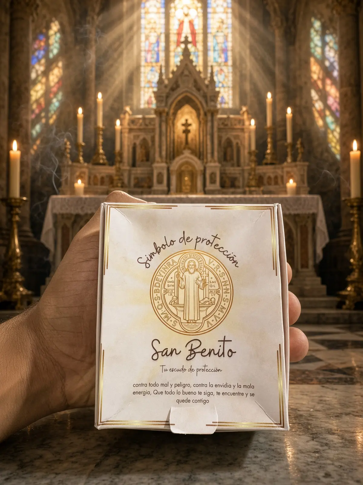 Mano sosteniendo empaque blanco con detalles dorados de la pulsera de San Benito, con fondo de altar de catedral iluminado por rayos de luz.