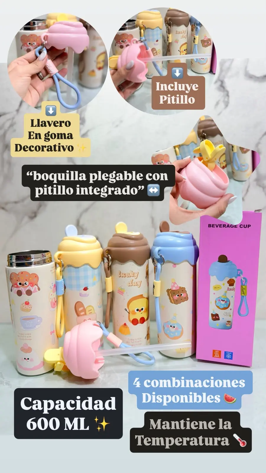 Cuatro termos kawaii de 600 ml con diseños de personajes, tapas de colores con relieve, pitillo integrado y llavero decorativo de goma.