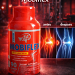 Suplemento Mobiflex en frasco rojo de 90 cápsulas para el alivio articular, con comparativo de una rodilla inflamada y una sana.