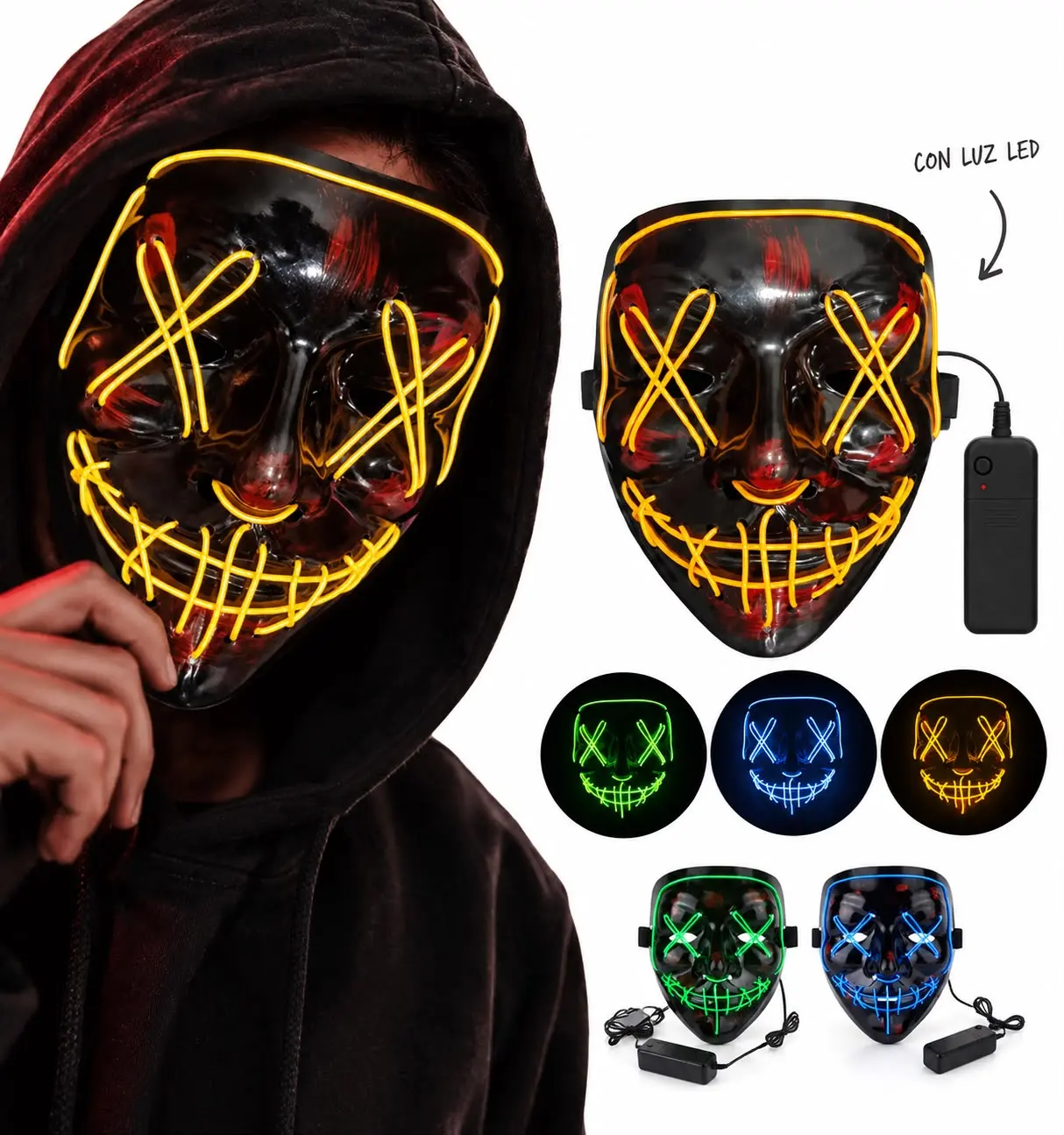 Máscara LED luminosa de Halloween estilo Purga con luz brillante - Destaca en fiestas nocturnas con un estilo tenebroso