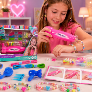 Niña sonriente usando un set rosa para crear manillas con hilos de colores, cuentas, dijes y accesorios incluidos sobre una mesa.