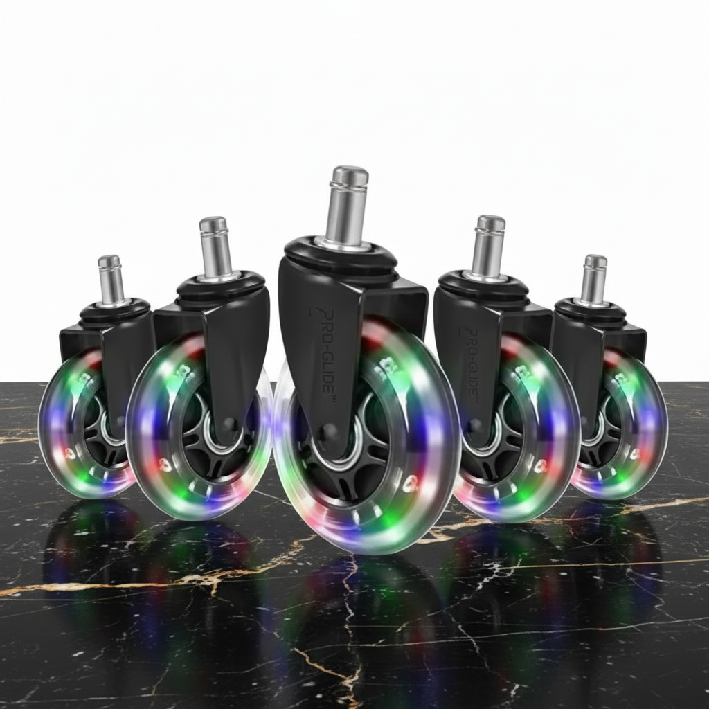 Set de cinco ruedas de silicona transparente con luces LED RGB para silla de oficina, sobre superficie oscura.