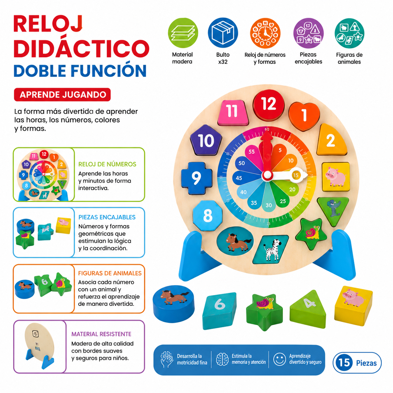 Reloj didáctico de madera con formas geométricas - estimula el aprendizaje cognitivo y la motricidad fina en niños