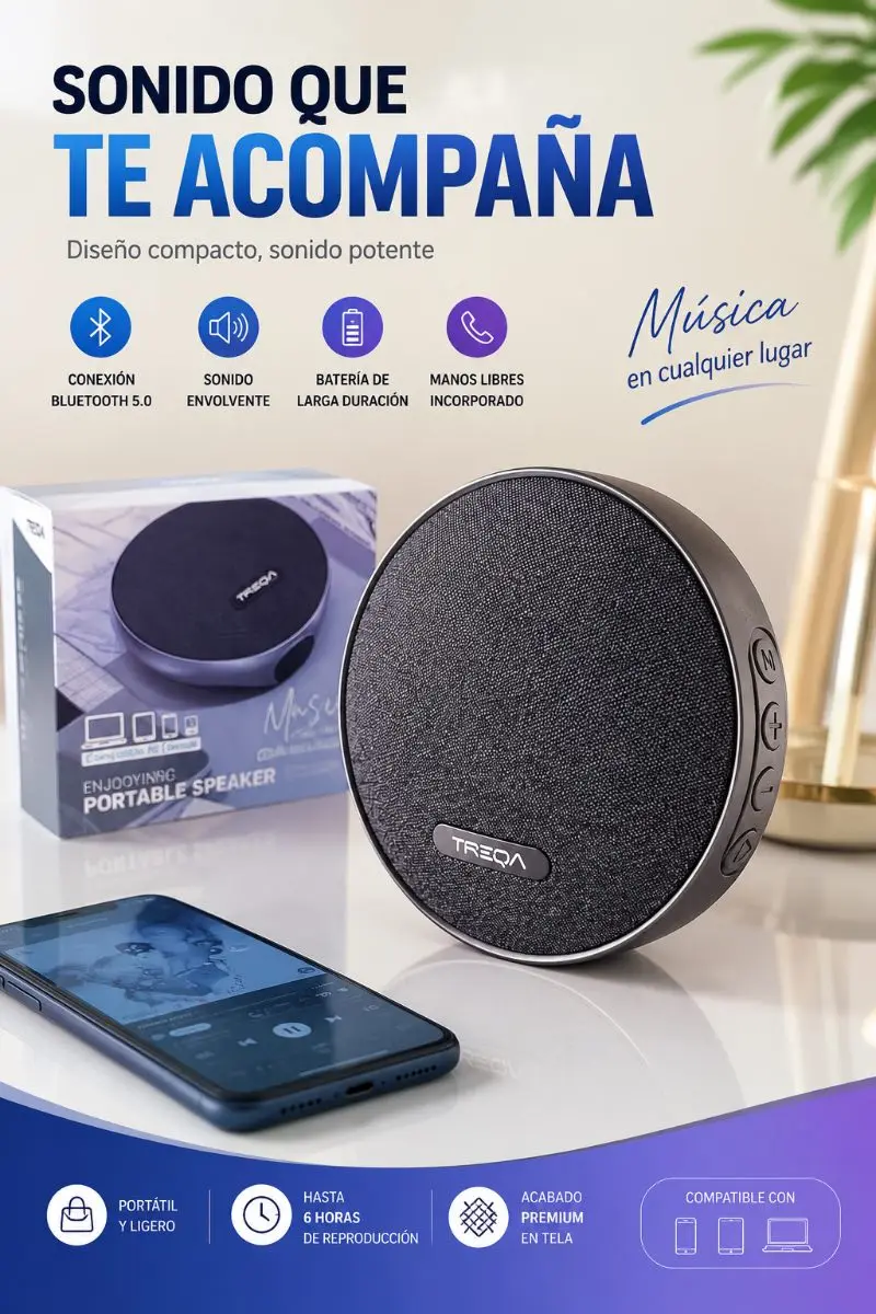 Parlante Bluetooth portátil circular gris con acabado en tela, junto a su caja, un teléfono inteligente reproduciendo música y el texto promocional superior.