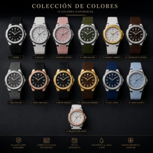 Colección de 13 relojes de pulsera deportivos para mujer con caja de acero, fecha automática y correa de caucho texturizada en diversos colores.