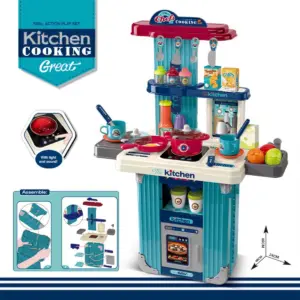 Maleta cocina de juguete 3 en 1 turquesa y blanca con accesorios: ollas, sartenes, vegetales y utensilios. Incluye efectos de luz y sonido.
