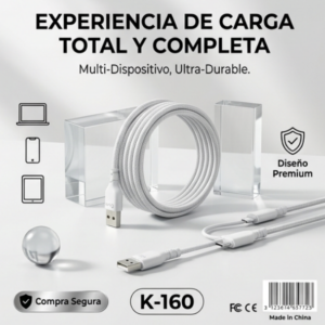 Cable cargador múltiple blanco 4 en 1 de nailon trenzado enrollado con conectores USB tipo C y lightning sobre superficie gris.