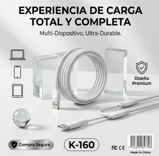 Cable cargador múltiple blanco 4 en 1 de nailon trenzado enrollado con conectores USB tipo C y lightning sobre superficie gris.