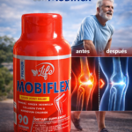 Suplemento Mobiflex de 90 cápsulas en frasco rojo para la movilidad articular, con de alivio en la rodilla y un hombre mayor sonriente.