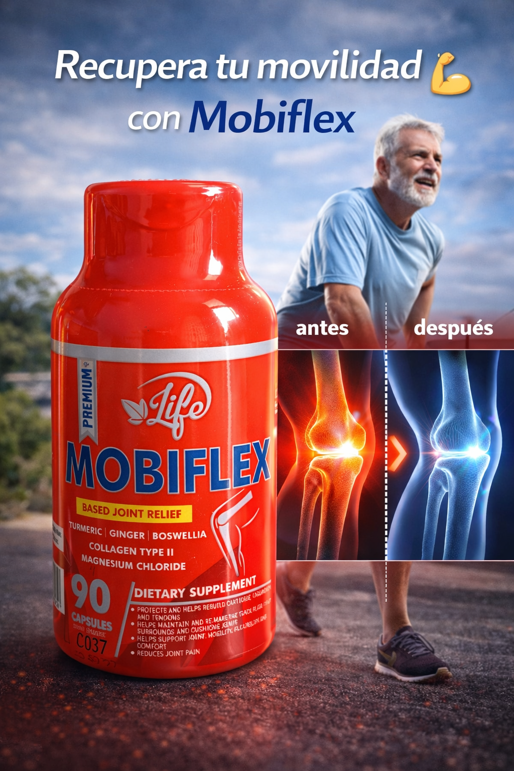 Suplemento Mobiflex de 90 cápsulas en frasco rojo para la movilidad articular, con de alivio en la rodilla y un hombre mayor sonriente.