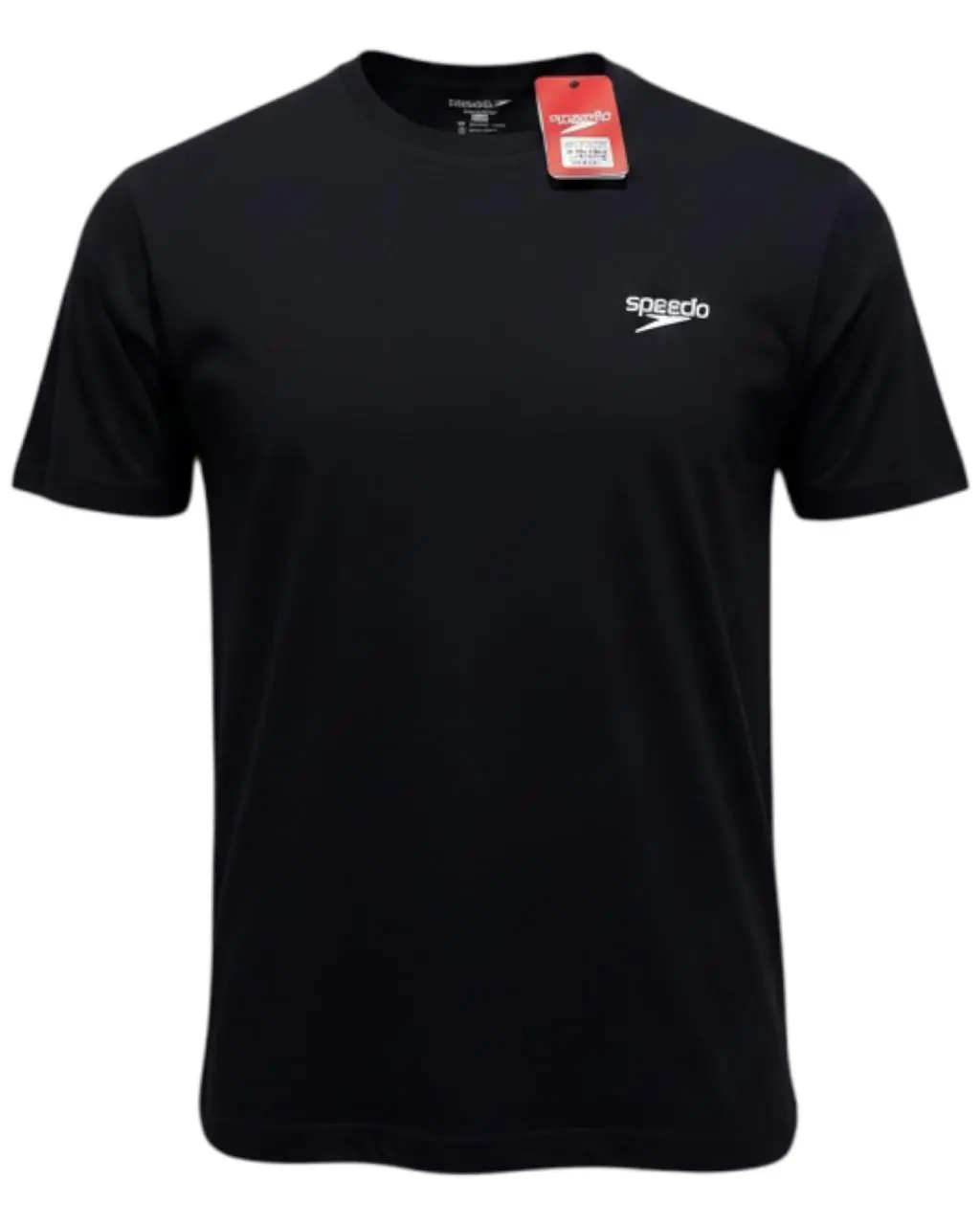 Camiseta de algodón negra para hombre, diseño liso de manga corta con cuello redondo y logotipo pequeño blanco de la marca en el pecho.