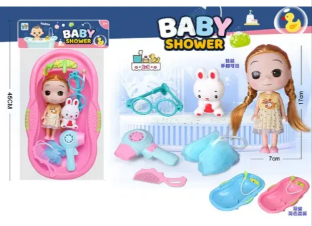 Set de juguete rosado con muñeca de 17 cm, bañera, pato, secador y accesorios de aseo para simular hábitos de higiene.