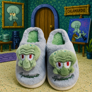 Pantuflas de peluche gris con interior verde, cara afelpada de personaje animado y texto bordado, diseñadas para abrigo en el hogar.
