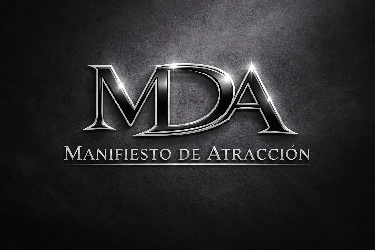 Logotipo metálico en 3D con las letras MDA en plateado brillante sobre fondo negro texturizado y texto inferior Manifiesto de Atracción.
