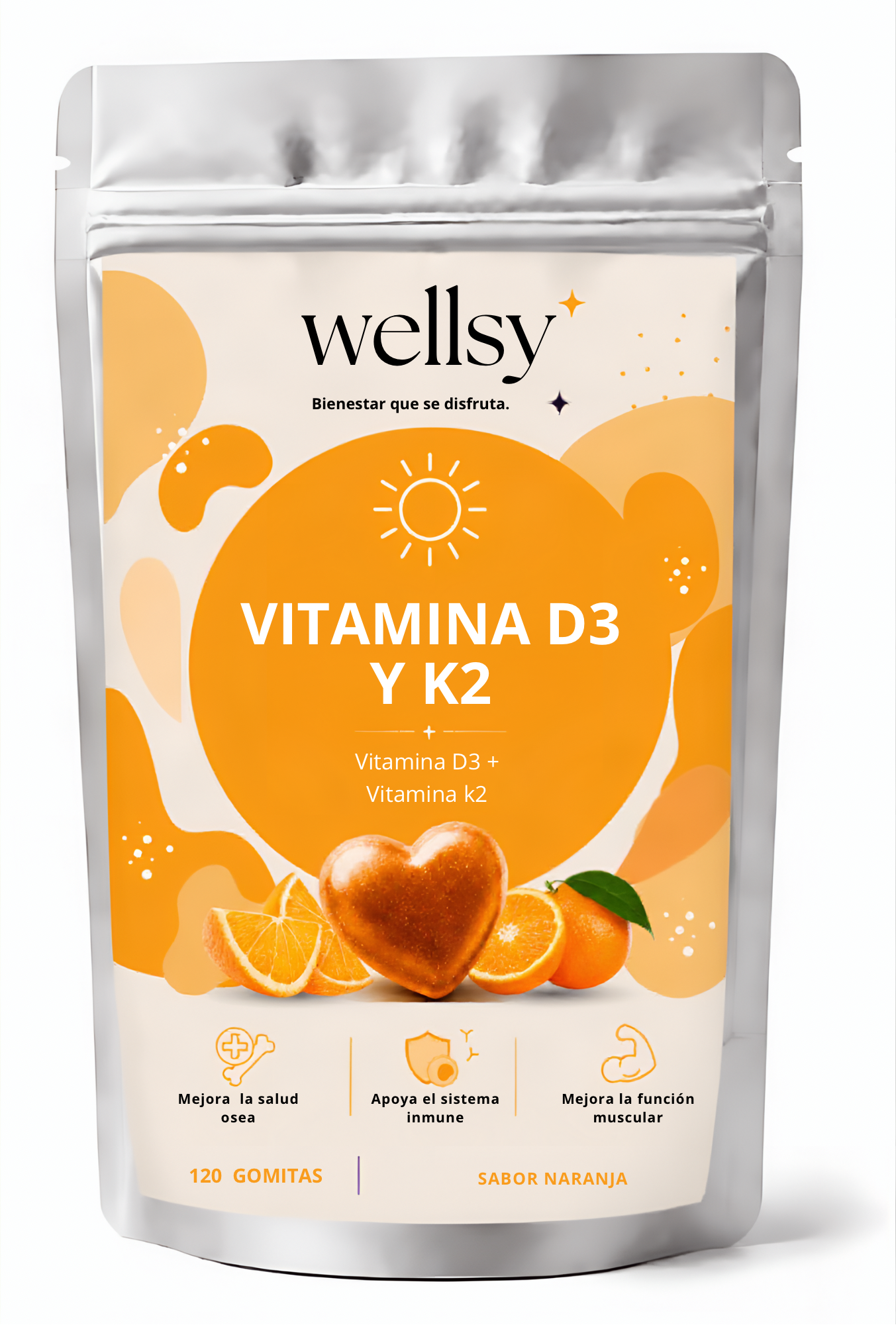 Bolsa metalizada con gomas de Vitamina D3 y K2 sabor naranja, de 120 unidades, decorada con ilustraciones de naranjas y un corazón brillante.