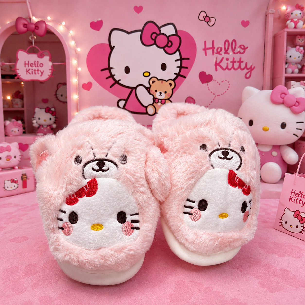 Pantuflas acolchadas de felpa rosa para mujer con bordado de Hello Kitty y osito en la parte superior, sobre fondo temático rosa.