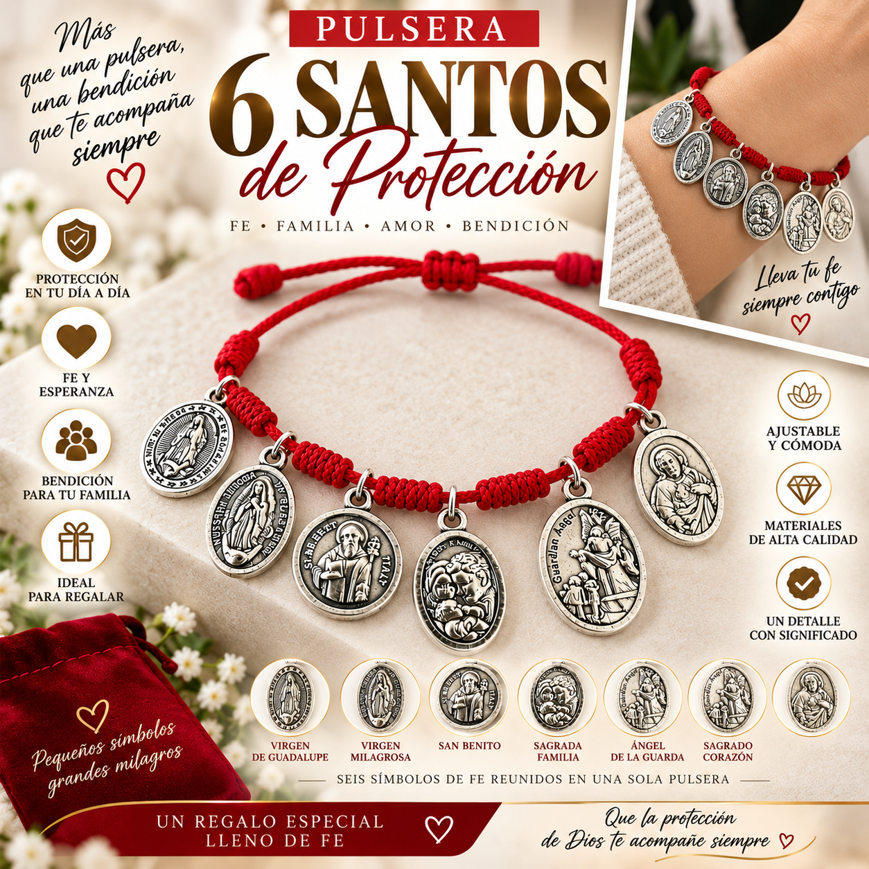 Pulsera de hilo rojo con medallas de 6 santos protectores para hombre y mujer - Lleva siempre contigo un símbolo de fe y protección espiritual