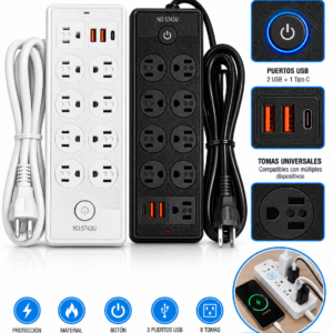 Set de dos regletas multicontacto verticales con protección contra sobrecarga en colores blanco y negro, con 8 tomas universales y 3 puertos USB cada una.