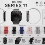 Smartwatch negro NX-7In1 Series 11 con pantalla AMOLED, llamadas Bluetooth, resistencia IP68 y siete correas intercambiables en silicona, malla y sport.
