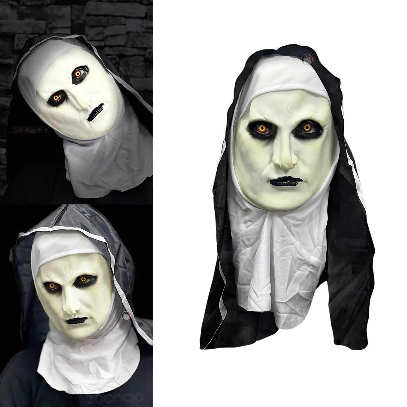 Máscara de látex de monja aterradora con velo negro y blanco, ojos amarillos y rostro pálido agrietado, ideal para disfraz de Halloween.