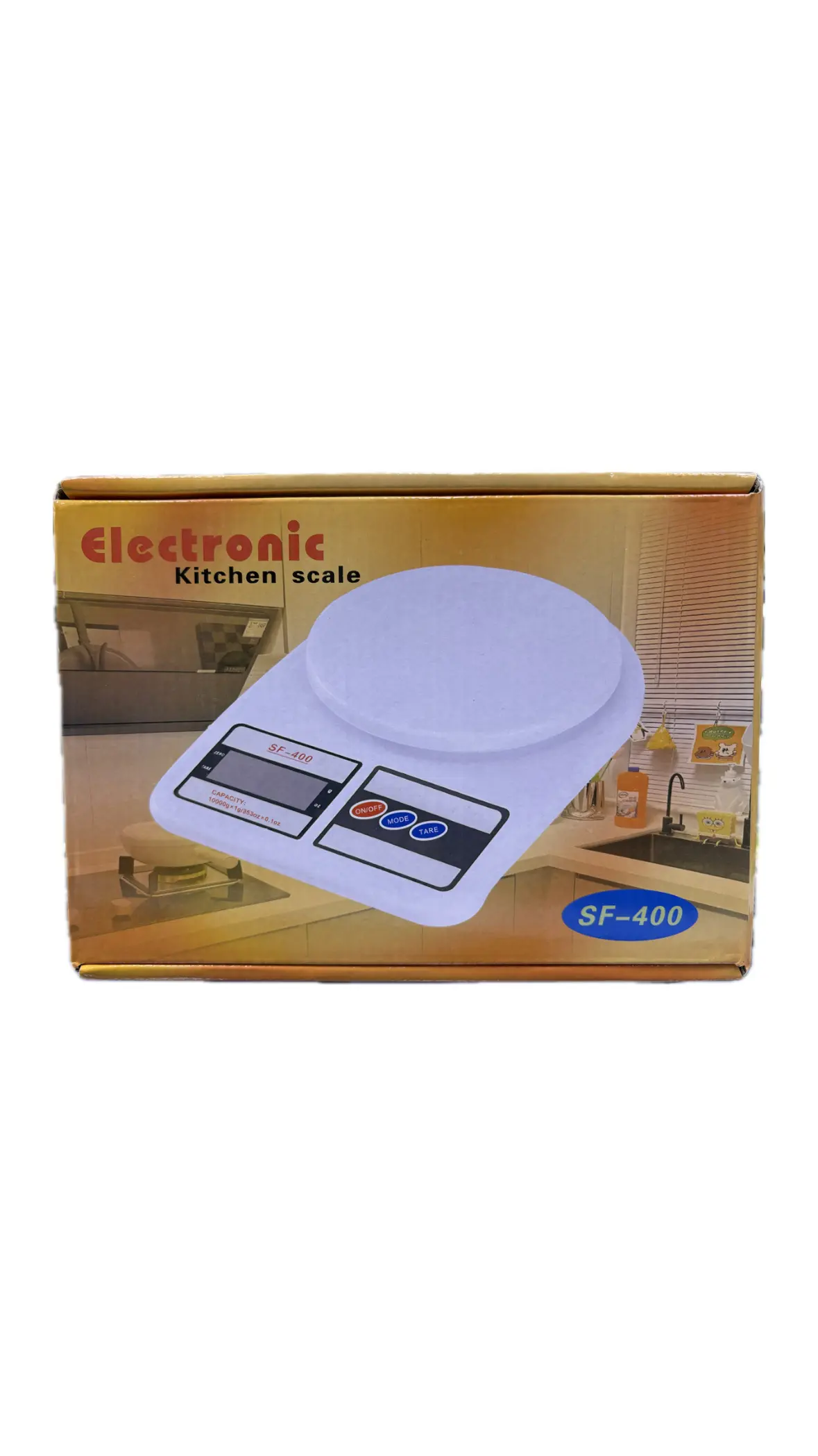 Caja de báscula gramera digital blanca SF-400 para cocina con pantalla LCD y tres botones de control.